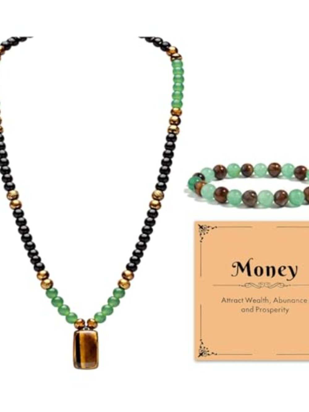 Green Aventurine Tiger Eye Obsidian Money Necklace Bracelet Set with